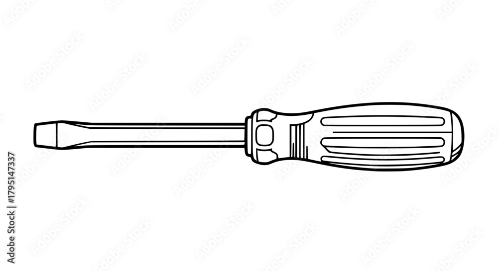 Fototapeta premium Vector illustration of a flathead screwdriver, isolated, simple contour lines, minimalistic tool design, no shadows, high-resolution line art