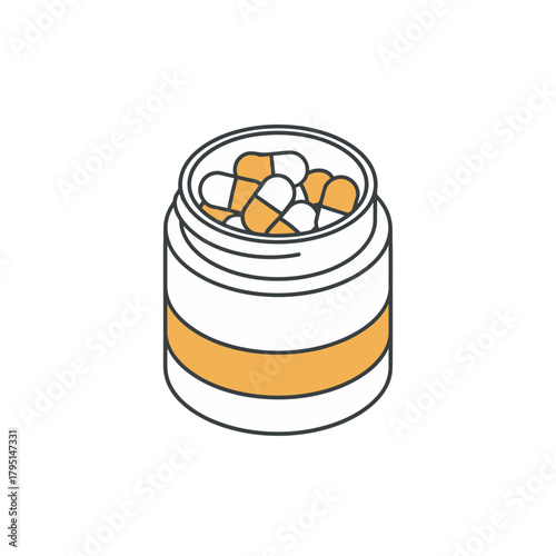 Isometric illustration of a medicine bottle filled with capsules on a white background