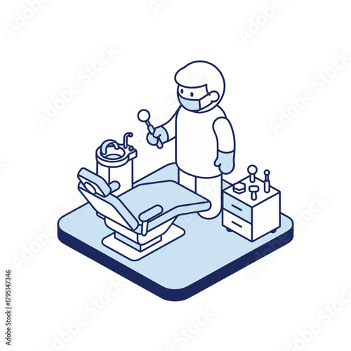 Isometric illustration of a dentist in a dental office with equipment