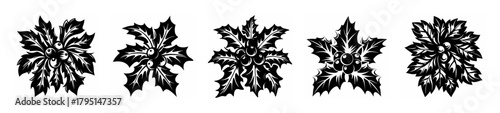 Five intricate black and white mistletoe-like floral patterns arranged in a row on a light background