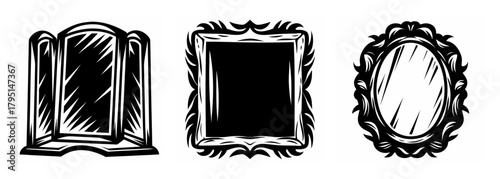 Collection of three ornate mirrors featuring diverse frame styles and reflective surfaces in sketchy art