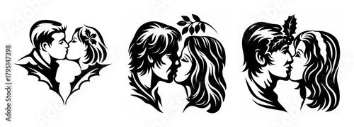 Three romantic pairs share tender mistletoe kisses in artistic line art style