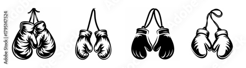 Four vintage boxing glove designs with string suspended four distinct styles showcasing iconic fight gear motifs