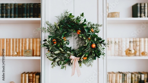 a simple wreath made of greenery with oranges and a pink bow