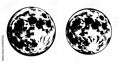Two detailed lunar bodies with textured surfaces and visible craters in a striking monochrome artistic depiction
