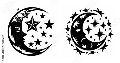 Whimsical crescent moons adorned with stars and celestial faces evoke night sky wonder