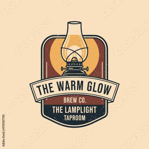 Vintage Brewery Logo Design with a Warm Glowing Oil Lamp Illustration.
