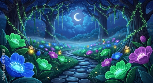 Mystical night landscape with a moonlit path and glowing flowers.