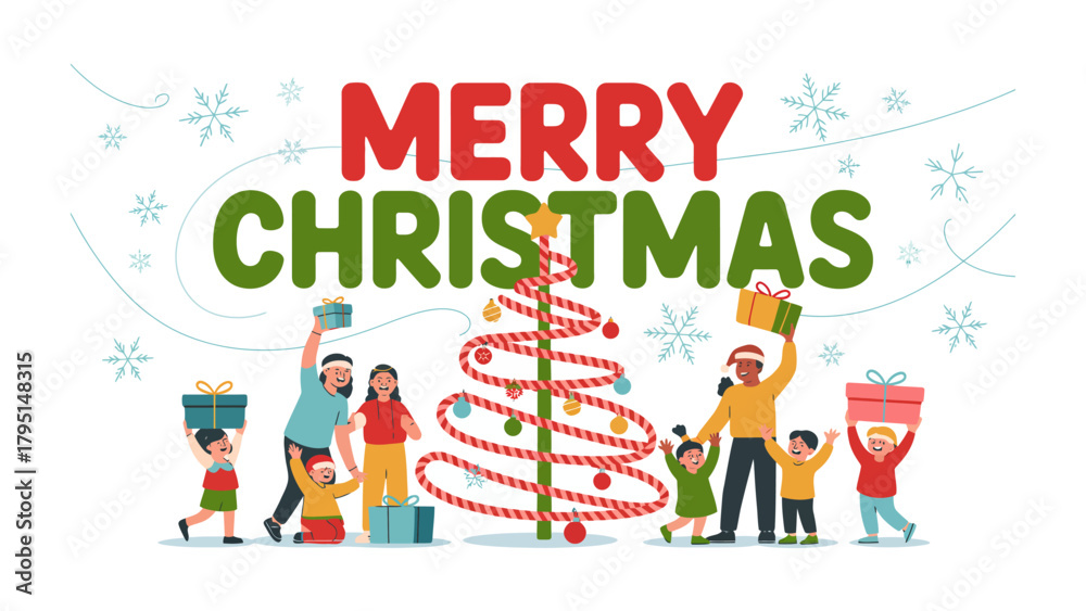 Fototapeta premium Joyous Holiday Gathering: A heartwarming illustration of a family celebrating the holiday spirit, surrounded by festive gifts and decorations, radiating warmth, cheer, and the essence of the season.
