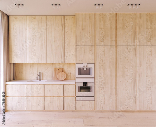 Fototapeta Naklejka Na Ścianę i Meble -  Minimalist bright kitchen with seamless wood finish