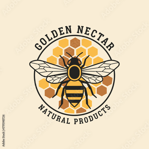 Vintage honey bee logo with honeycomb background for a natural products brand.