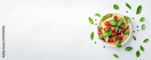  vibrant bowl of pasta topped with fresh basil and cherry tomatoes, surrounded by scattered basil leaves on a clean white background.