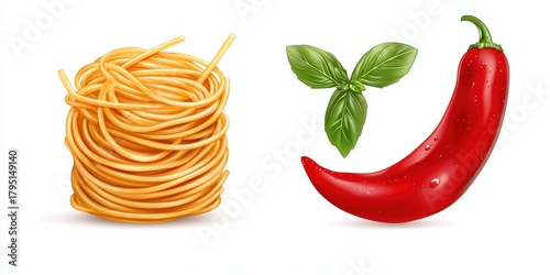 vibrant illustration featuring a pile of spaghetti, a fresh basil leaf, and a red chili pepper, perfect for culinary-themed content.