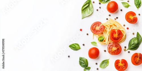 vibrant arrangement of spaghetti, fresh tomatoes, and basil leaves on a white background, evoking a rich culinary aesthetic.