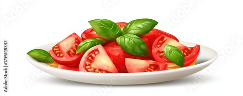 vibrant plate of sliced tomatoes garnished with fresh basil leaves, showcasing a colorful and healthy dish.