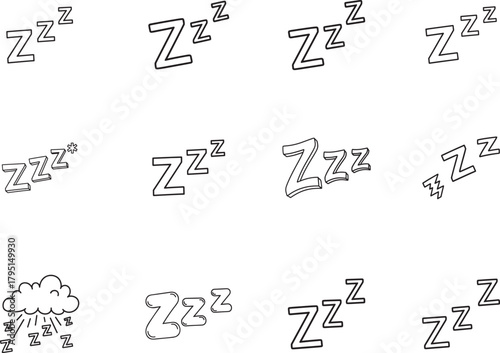 Zzz Sleep doodle line art collection. Includes line art symbols sleep, snore, tired, dream, nap and more. Zzz doodle set. Minimalist doodles pack.
