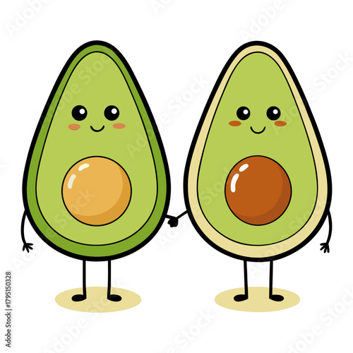 Two adorable cartoon avocados holding hands with cute faces and blush cheeks