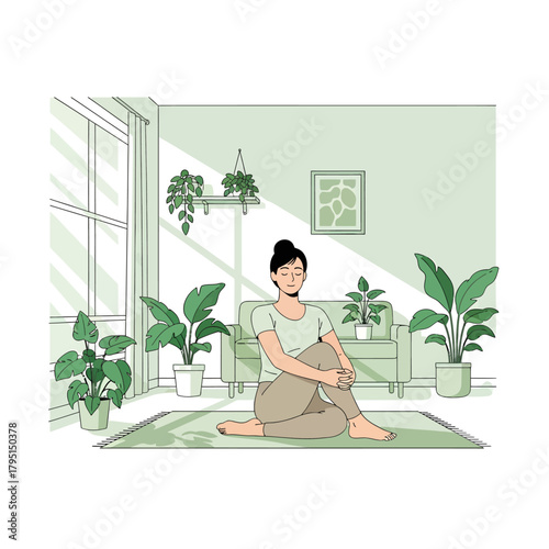 Woman practicing a seated spinal twist yoga pose at home.