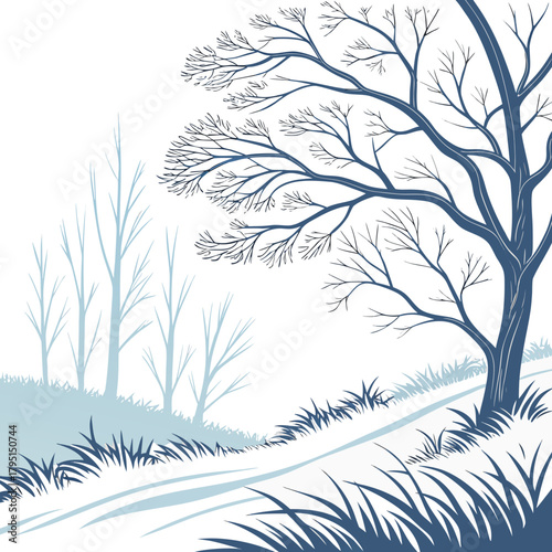 A tranquil winter landscape featuring a bare tree standing gracefully on a snowcovered hill, with a backdrop of a serene sky, creating a peaceful and contemplative atmosphere