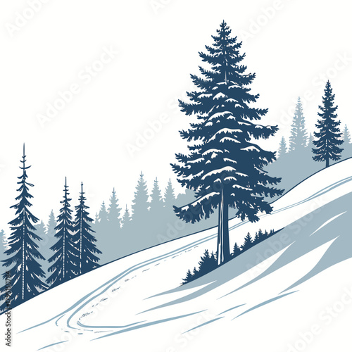 A picturesque winter scene unfolds with snowladen evergreen trees gracing a gentle hillside, creating a serene and inviting landscape
