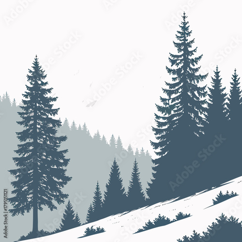 A picturesque winter landscape features snowcovered hills and towering pine trees, creating a peaceful and inviting scene of natural beauty