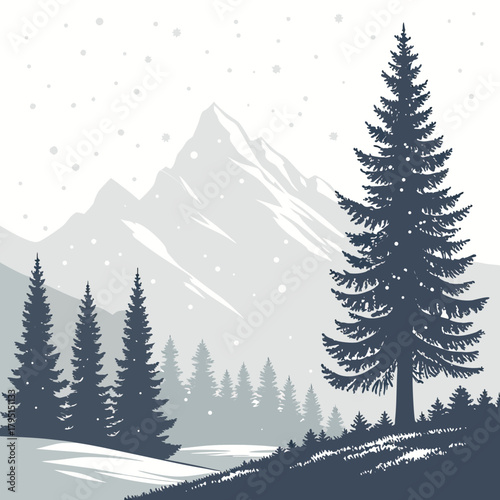 A serene winter landscape showcases snowcovered mountains and majestic pine trees, creating a tranquil scene of natural beauty and seasonal charm