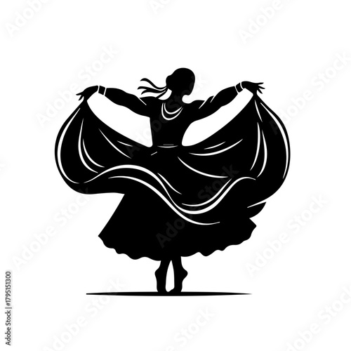 Silhouette of a graceful woman in a flowing dress dancing with arms outstretched isolated on white background