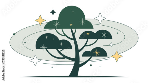 Cosmic Tree: An abstract illustration of a tree reaching towards the cosmos, with stars, and a planetary ring. Symbolizing growth and the connection between nature and the universe.