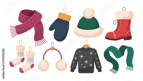 Winter Accessories and Apparel: A colorful collection of essential winter wear, including cozy hats, warm mittens, soft scarves, boots, sweaters and charming socks.