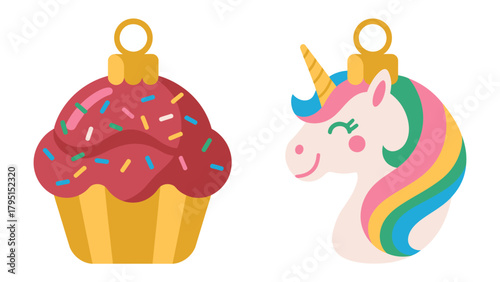 Whimsical Ornaments: A delightful illustration showcases festive ornaments, including a cupcake-shaped and a unicorn-shaped decoration.