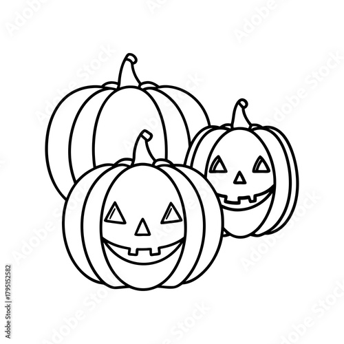 Three grinning jack o lanterns with carved faces in a playful arrangement for halloween decorations