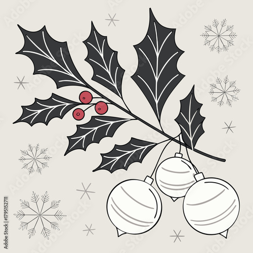 A festive holiday illustration featuring a sprig of holly with berries and ornaments, surrounded by delicate snowflakes, creating a cheerful and wintry scene