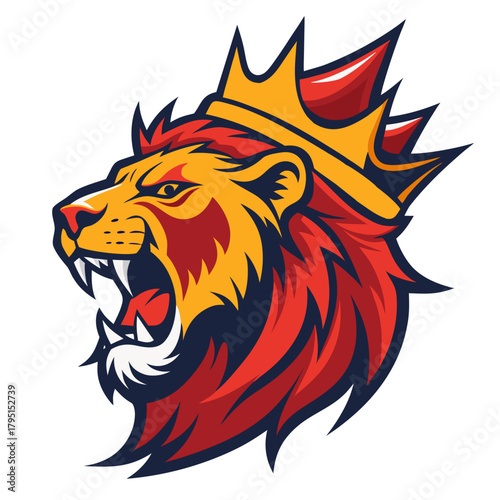 Majestic lion head with golden crown roaring fiercely isolated on white background