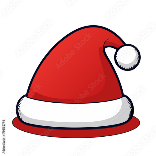 Classic red Santa Claus hat with white trim and pom pom isolated on a white background