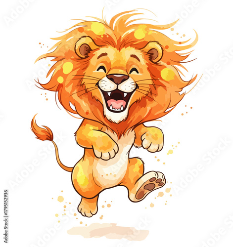 Joyful cartoon lion cub with a big smile, leaping with excitement