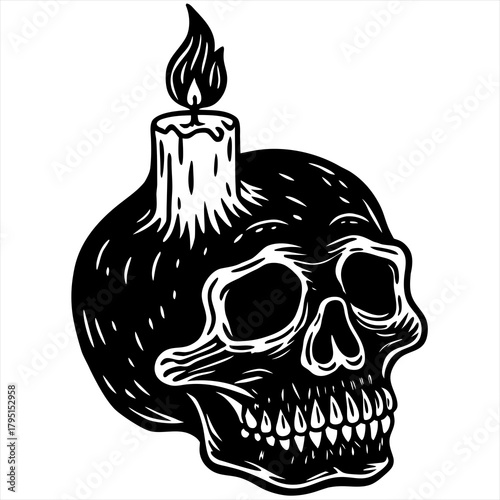 Black and white illustration of a skull with a burning candle on top