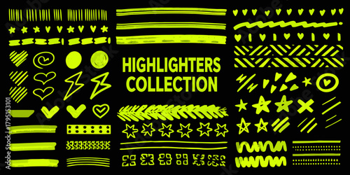 Vibrant neon yellow hand drawn highlighter marker strokes and shapes collection on black background
