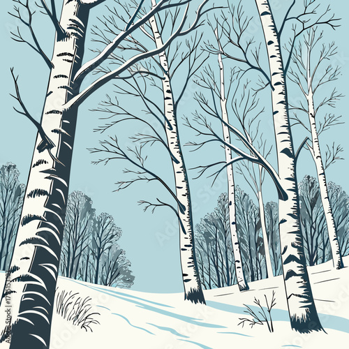 A serene winter landscape with tall birch trees standing proudly amidst a snowy field, their bare branches reaching towards the clear blue sky, creating a peaceful and picturesque scene