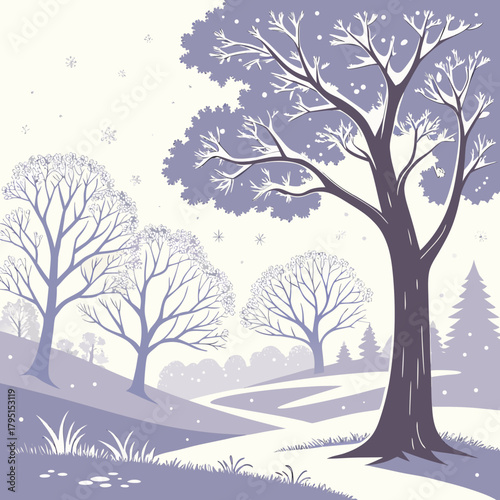 A tranquil winter scene unfolds with snowcovered trees lining a winding path, their bare branches adorned with delicate snowflakes, creating a serene and enchanting atmosphere