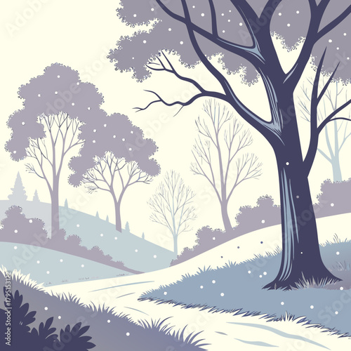 A peaceful winter landscape with snowcovered trees and a winding path, creating a serene and picturesque scene, evoking a sense of calm and tranquility in nature