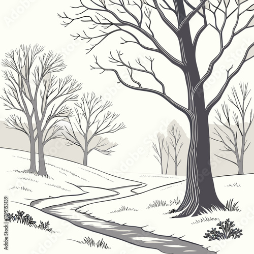 A serene winter landscape illustration depicts a winding path through snowcovered hills, flanked by bare trees under a soft, overcast sky, creating a tranquil and minimalist scene