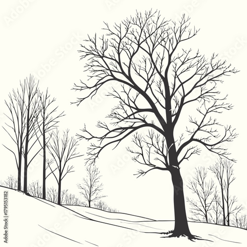 A stark winter scene illustration captures the silhouette of bare trees against a pale sky, with snowcovered ground creating a minimalist and serene landscape