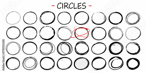 Collection of hand drawn sketchy circles and ovals with different styles and textures on white background