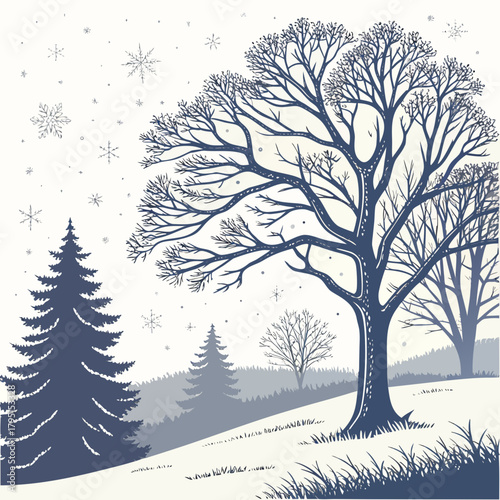A picturesque winter scene with a tall evergreen tree and bare trees on snowcovered hills, with snowflakes falling gently, creating a magical and festive atmosphere