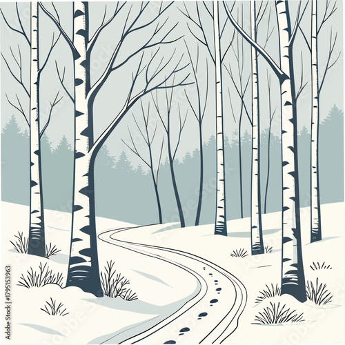 A serene winter scene unfolds, featuring a winding path through a snowcovered landscape, flanked by elegant birch trees with their distinctive white bark, creating a tranquil and picturesque view
