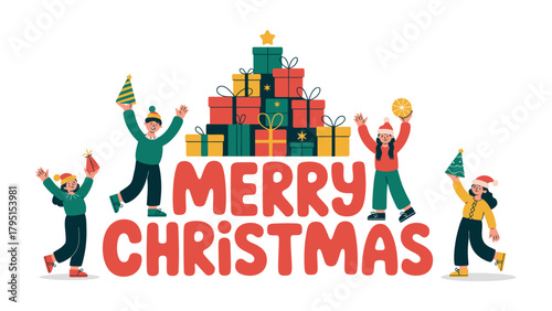 Holiday Joy and Celebration: A vibrant scene captures the spirit of the season, a festive scene with cheerful people adorned with holiday hats and presents.