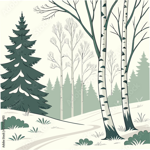 A picturesque winter scene unfolds with snowladen slopes, graceful birch trees, and verdant pine trees, evoking a sense of tranquility and natural beauty in the winter season
