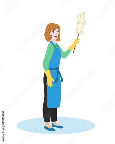 Vector women cleaner stand in uniform with duster isolated. Housekeeping and janitorial staff illustration on white background.