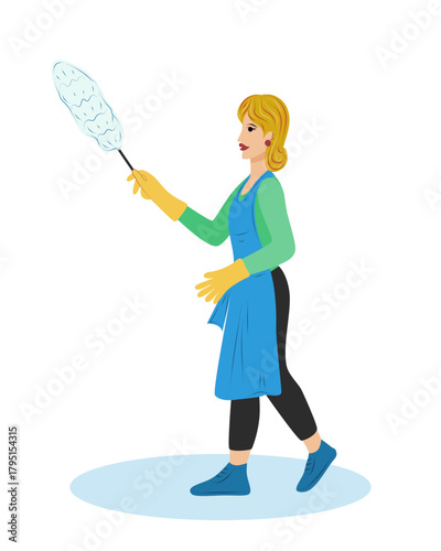 Vector blondy women cleaner in uniform with duster isolated. Housekeeping and janitorial staff illustration on white background.