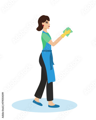 Vector women cleaner in uniform with cleaning cloth isolated. Housekeeping and janitorial staff illustration on white background.